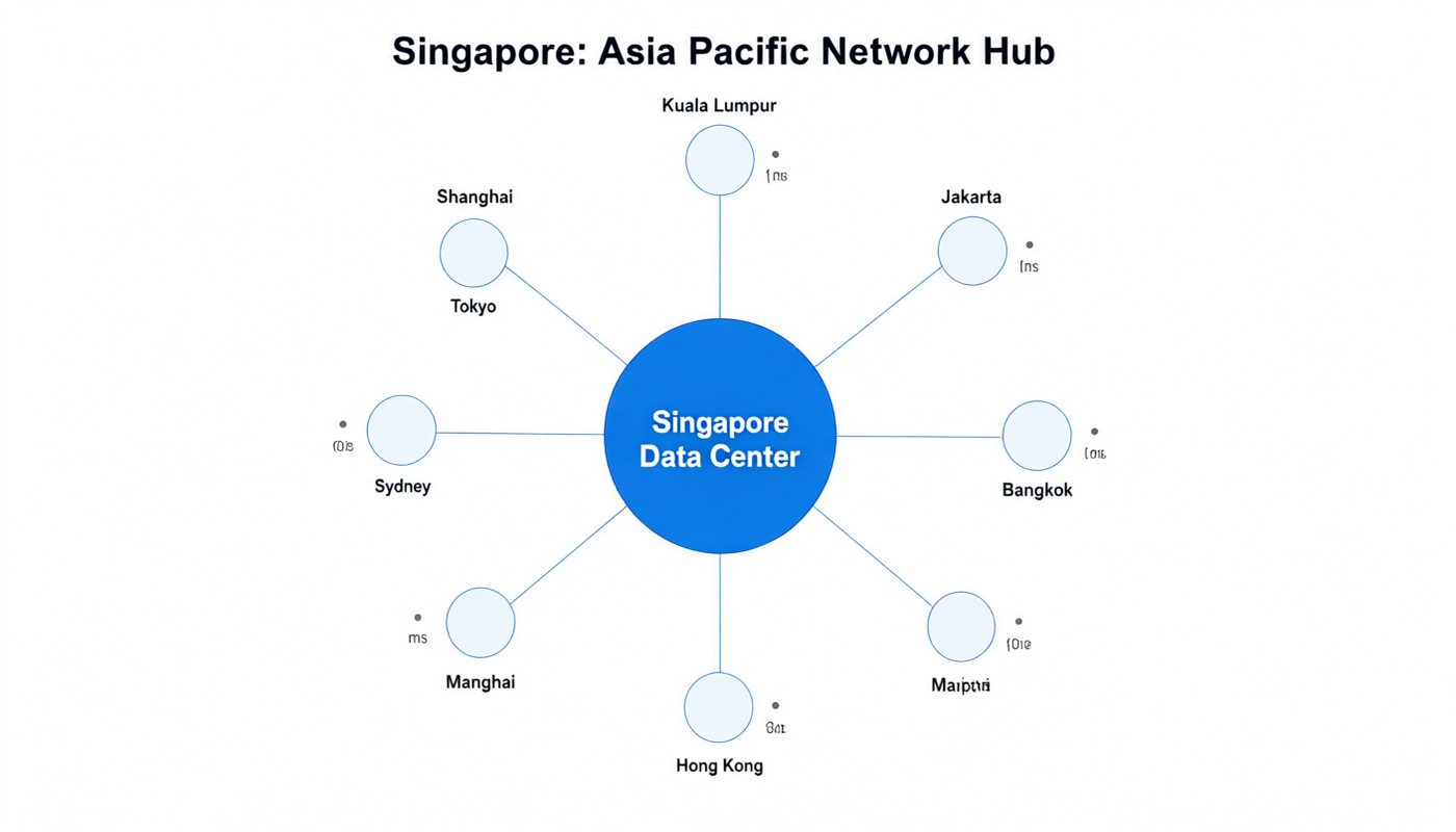 Singapore as APAC network hub radiating to Southeast Asia cities with latency numbers